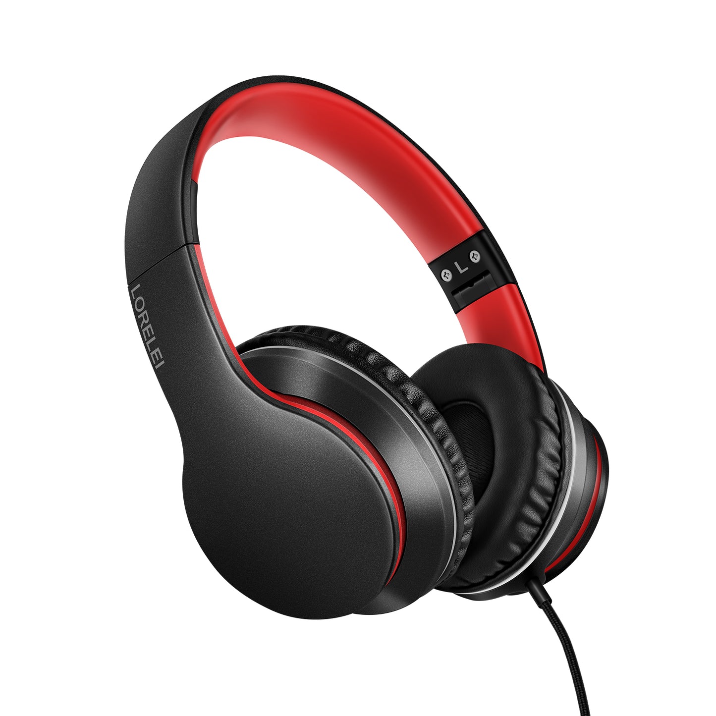 LORELEI X6 Over-Ear Headphones with Microphone, Lightweight Foldable & Portable Stereo Bass Headphones with 1.45M No-Tangle,Wired Headphones for Smartphone Tablet MP3 / 4 (Black-Red)