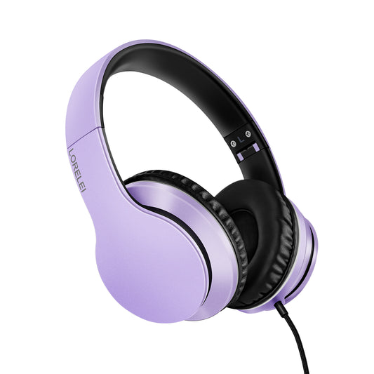 LORELEI X6 Over-Ear Headphones with Microphone, Lightweight Foldable & Portable Stereo Bass Headphones with 1.45M No-Tangle,Wired Headphones for Smartphone Tablet MP3 / 4 (Purple-Black)