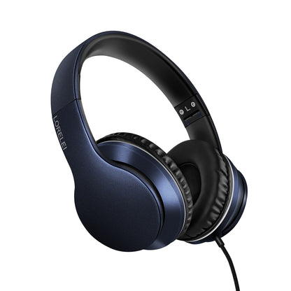 LORELEI X6 Over-Ear Headphones with Microphone, Lightweight Foldable & Portable Stereo Bass Headphones with 1.45M No-Tangle, Wired Headphones for Smartphone Tablet MP3 / 4 (Dark Blue)