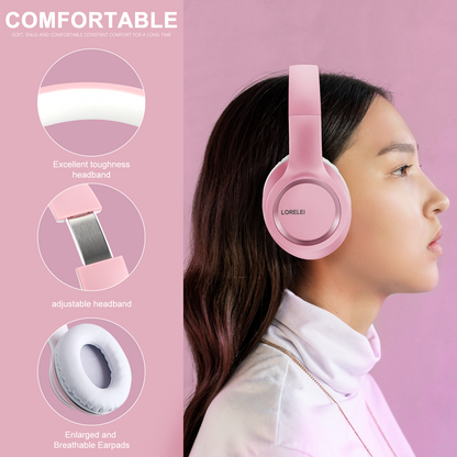 LORELEI X8 Over-Ear Wired Headphones with Microphone with 1.45m-Tangle-Free Nylon Line&3.5mm Plug,Lightweight Foldable & Portable Headphones for Smartphone,Tablet,Computer,Mp3/4（Pearl Pink）