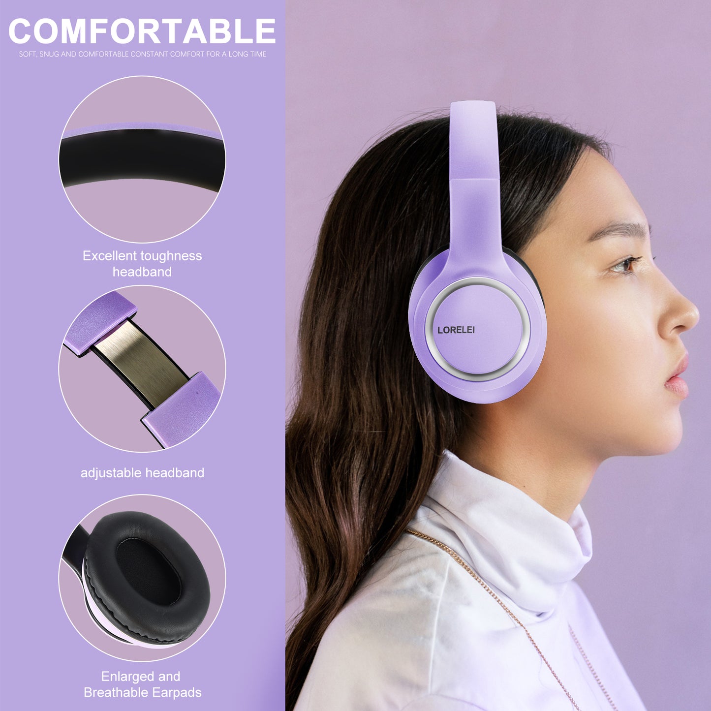 LORELEI X8 Over-Ear Wired Headphones with Microphone with 1.45m-Tangle-Free Nylon Line&3.5mm Plug,Lightweight Foldable & Portable Headphones for Smartphone,Tablet,Computer,Mp3/4(Dark Purple)