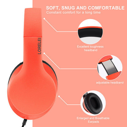 LORELEI X6 Over-Ear Headphones with Microphone, Lightweight Foldable & Portable Stereo Bass Headphones with 1.45M No-Tangle,Wired Headphones for Smartphone Tablet MP3 / 4 (Vitality Orange)