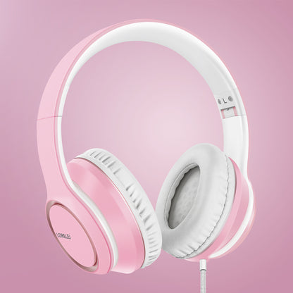 LORELEI X8 Over-Ear Wired Headphones with Microphone with 1.45m-Tangle-Free Nylon Line&3.5mm Plug,Lightweight Foldable & Portable Headphones for Smartphone,Tablet,Computer,Mp3/4（Pearl Pink）