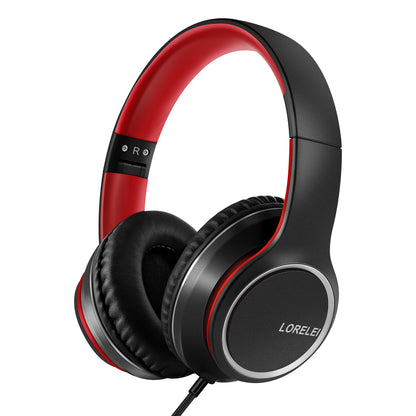 LORELEI X8 Over-Ear Wired Headphones with Microphone with 1.45m-Tangle-Free Nylon Line&3.5mm Plug,Lightweight Foldable & Portable Headphones for Smartphone,Tablet,Computer,Mp3/4(Black-red)